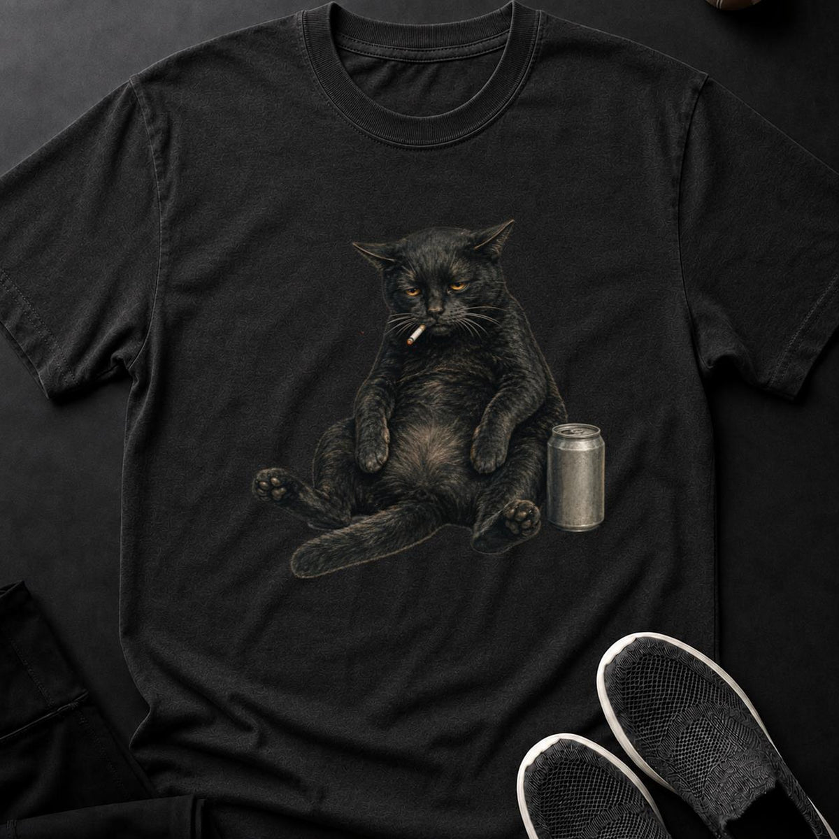 Grumpy Fat Cat Smoking With Beer Cat Tee