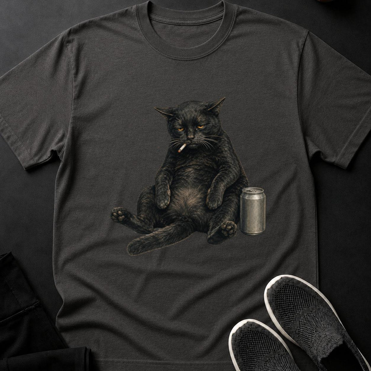 Grumpy Fat Cat Smoking With Beer Cat Tee