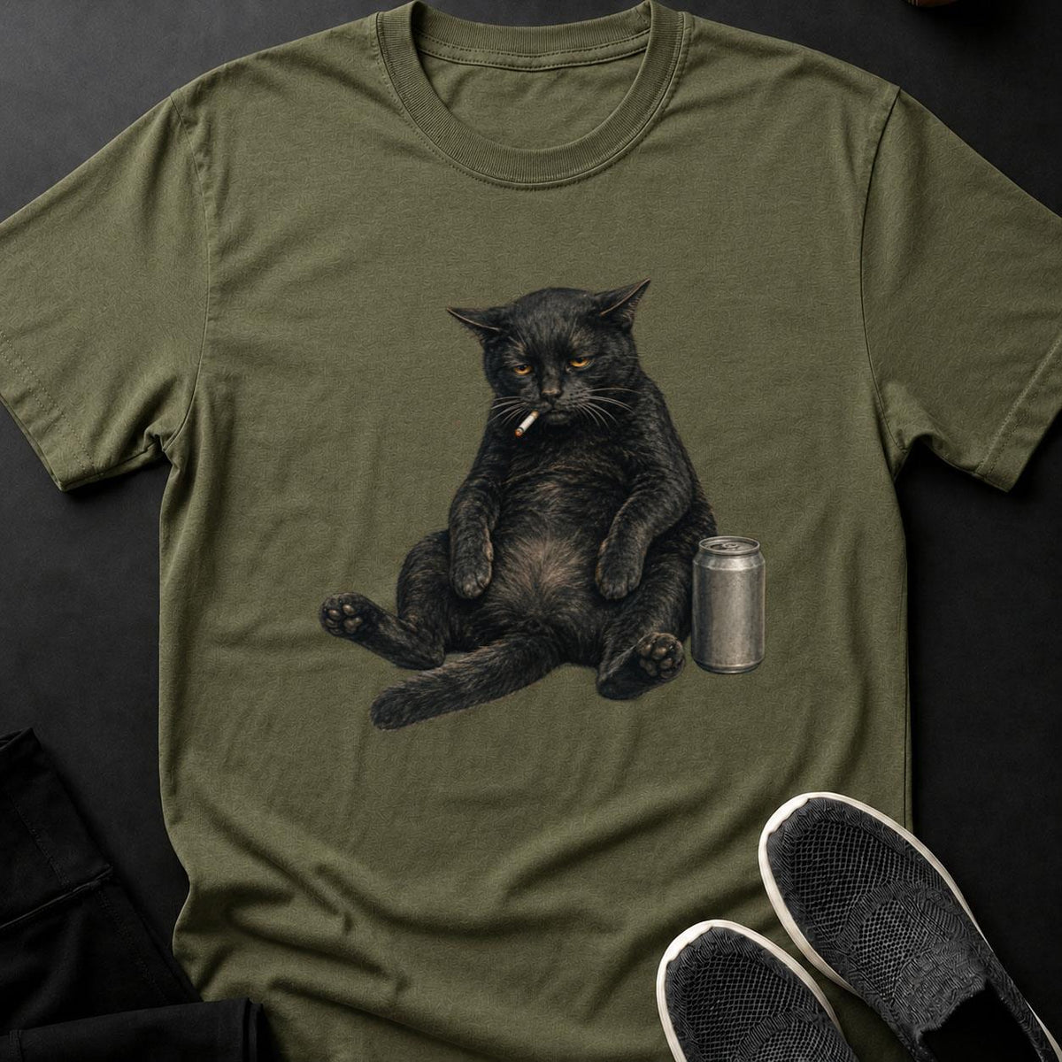 Grumpy Fat Cat Smoking With Beer Cat Tee