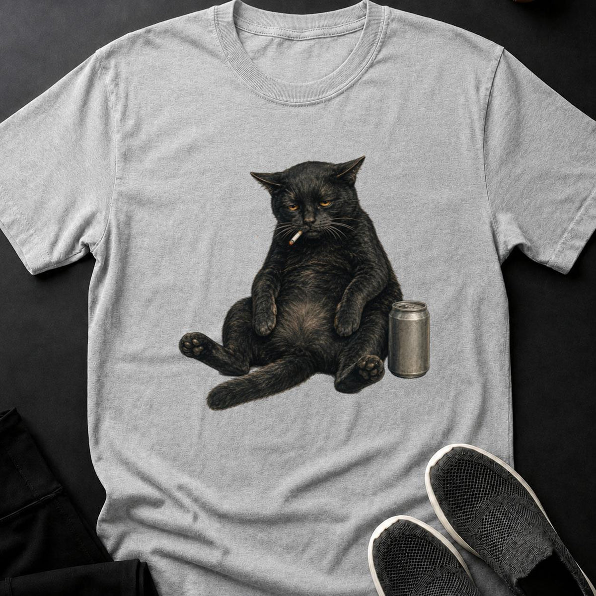 Grumpy Fat Cat Smoking With Beer Cat Tee