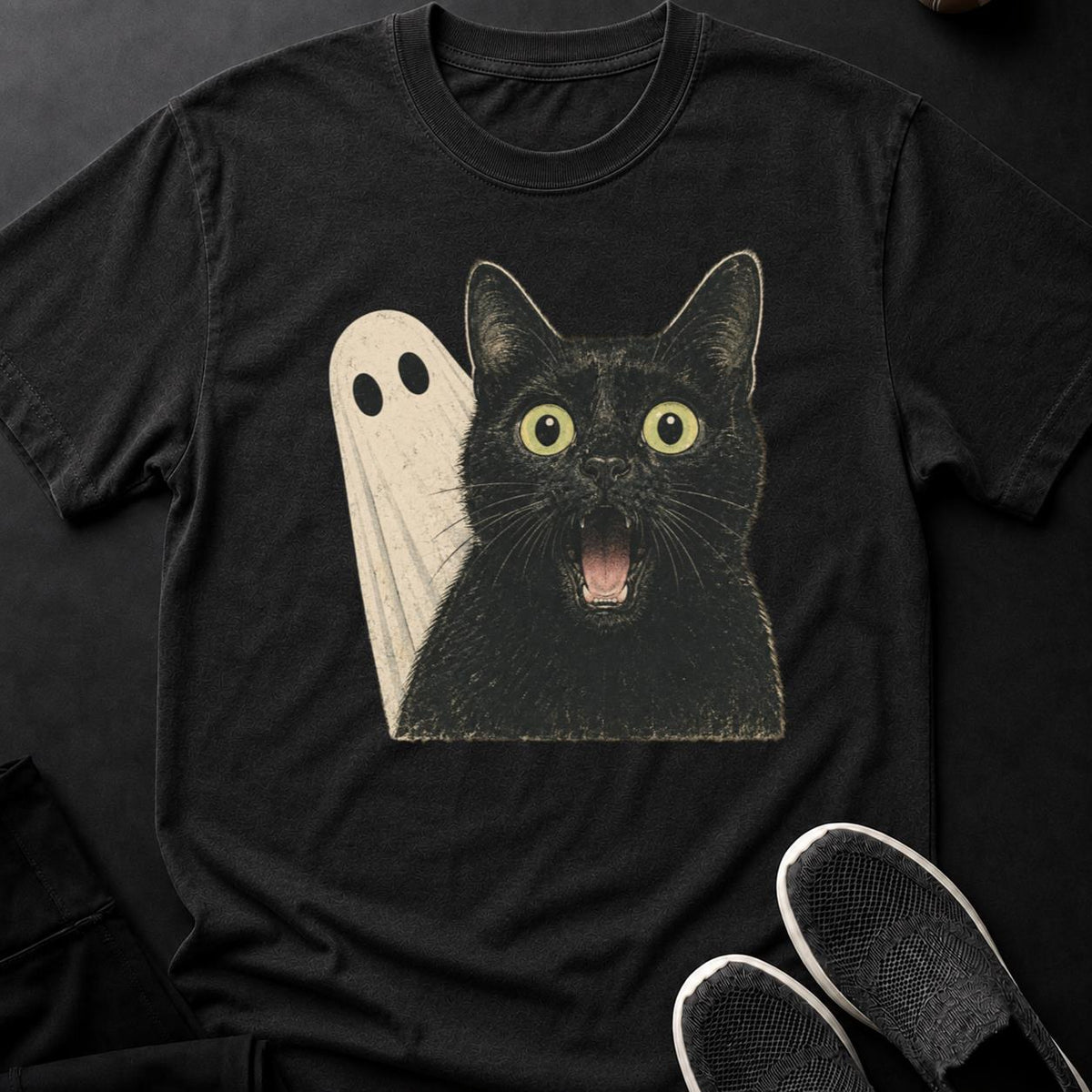 Hissing Cat And Ghost Close-Up Cat Tee