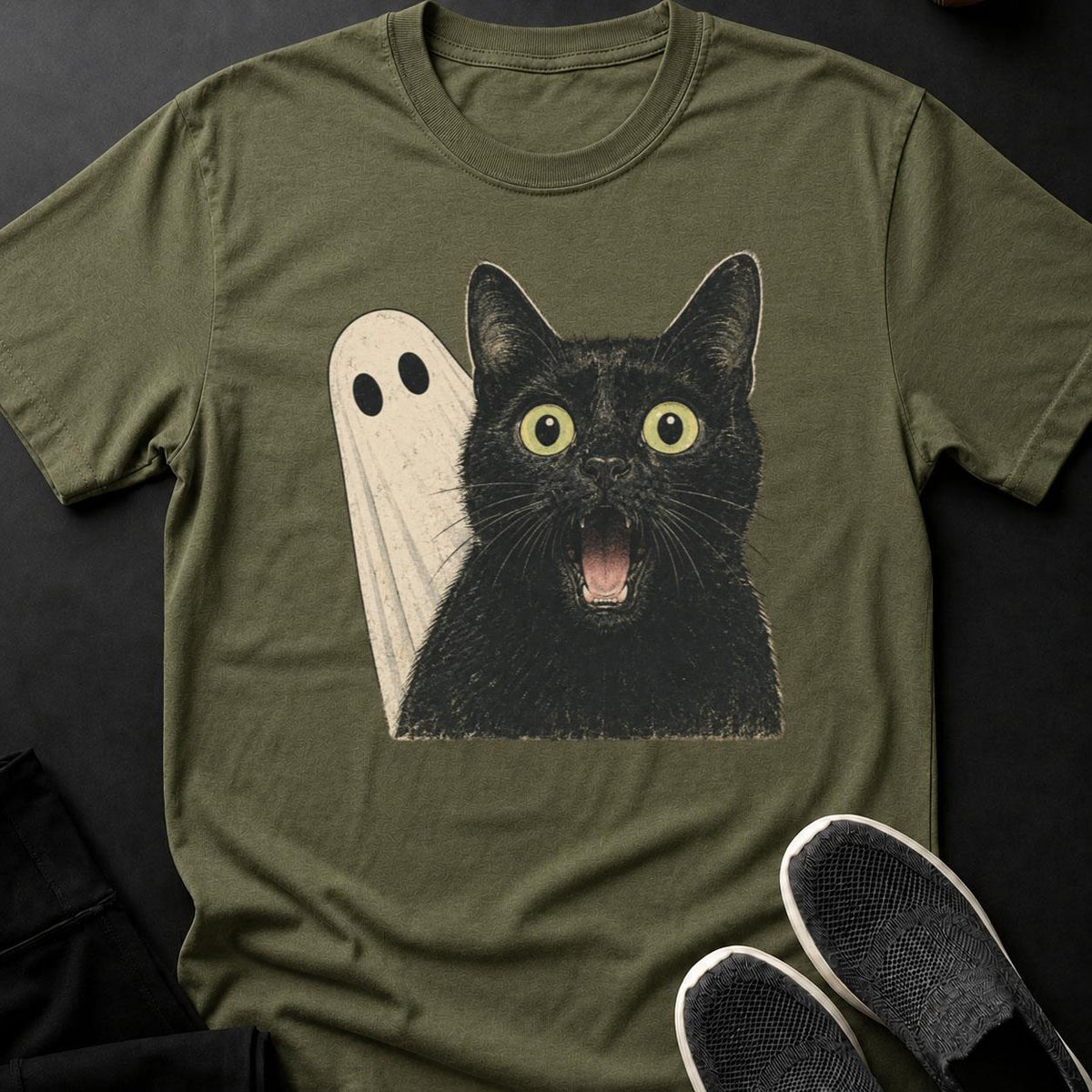 Hissing Cat And Ghost Close-Up Cat Tee
