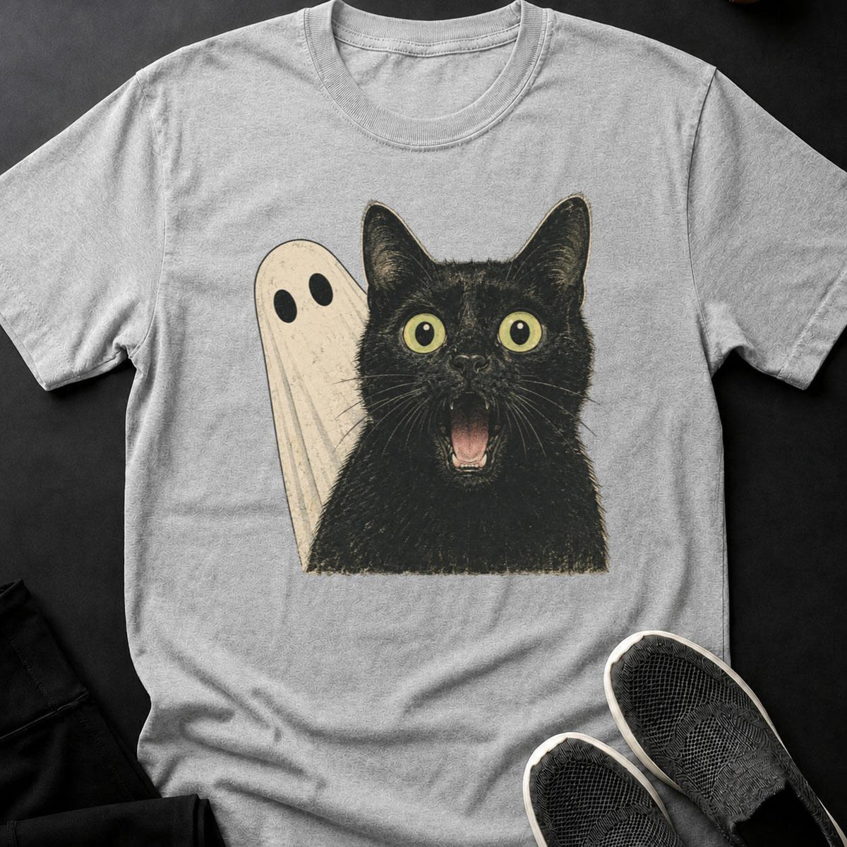 Hissing Cat And Ghost Close-Up Cat Tee