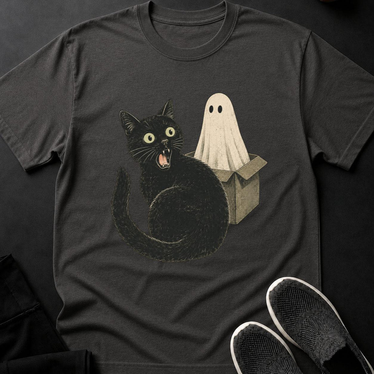 Hissing Cat And Ghost In Box Cat Tee