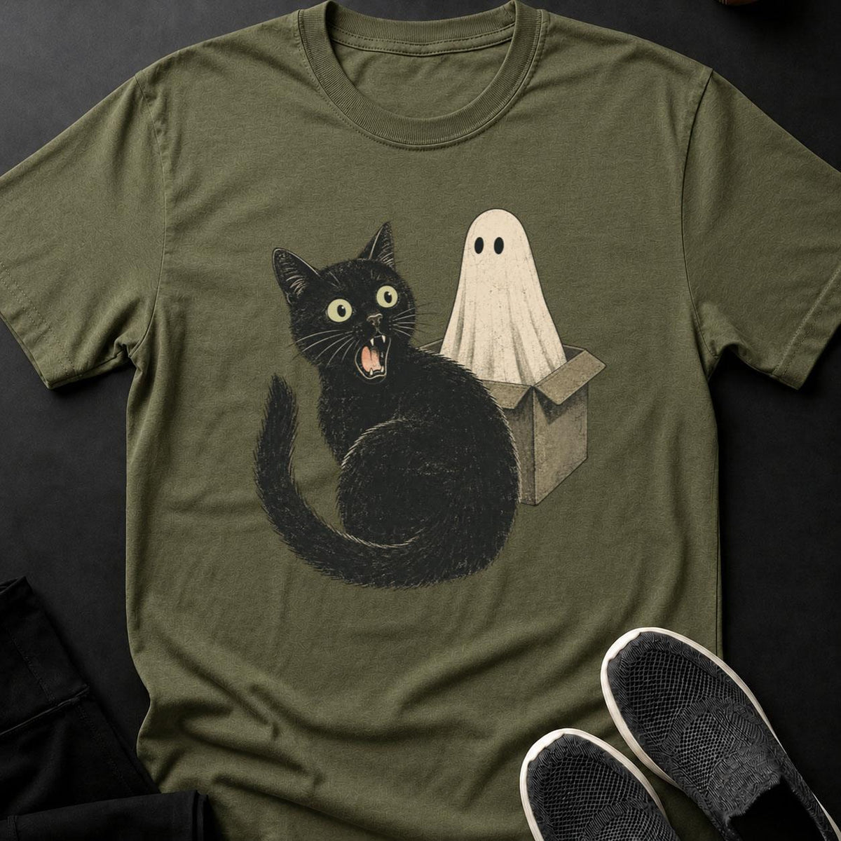 Hissing Cat And Ghost In Box Cat Tee