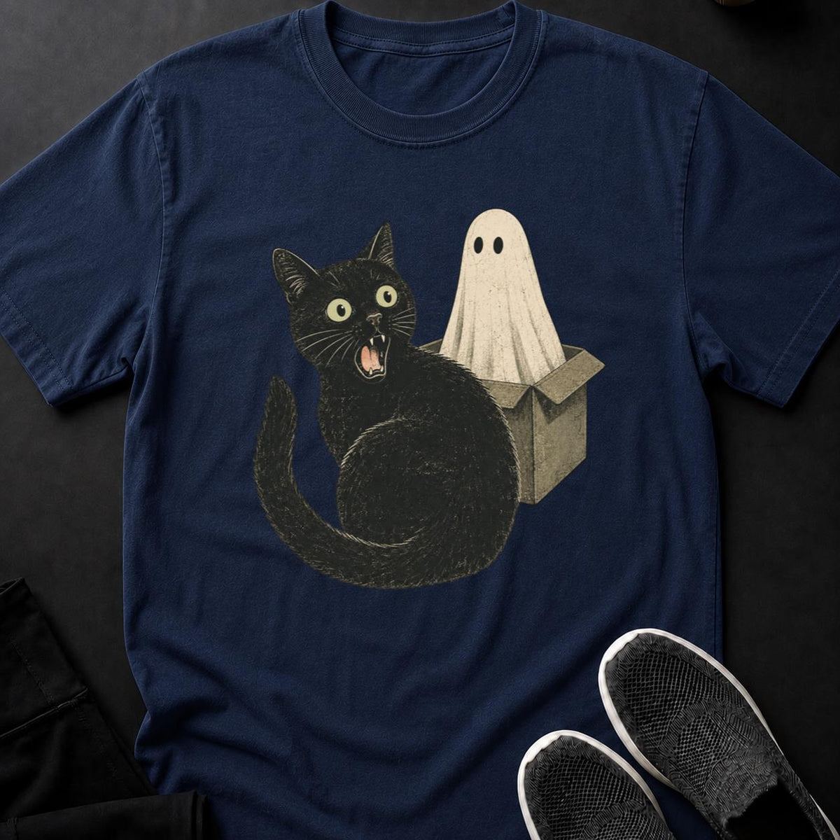 Hissing Cat And Ghost In Box Cat Tee