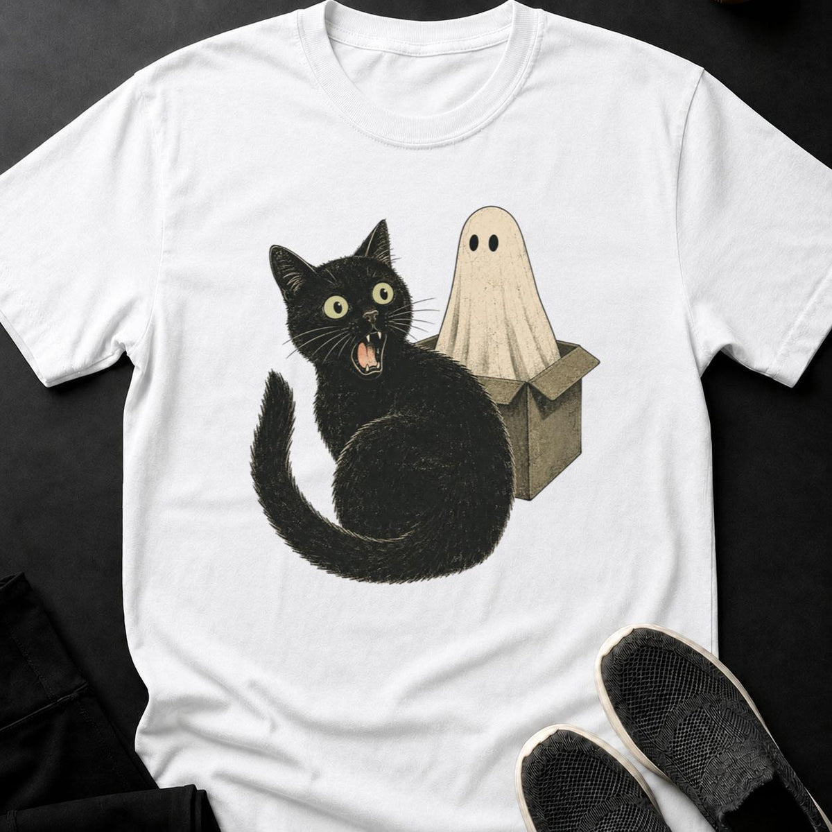 Hissing Cat And Ghost In Box Cat Tee
