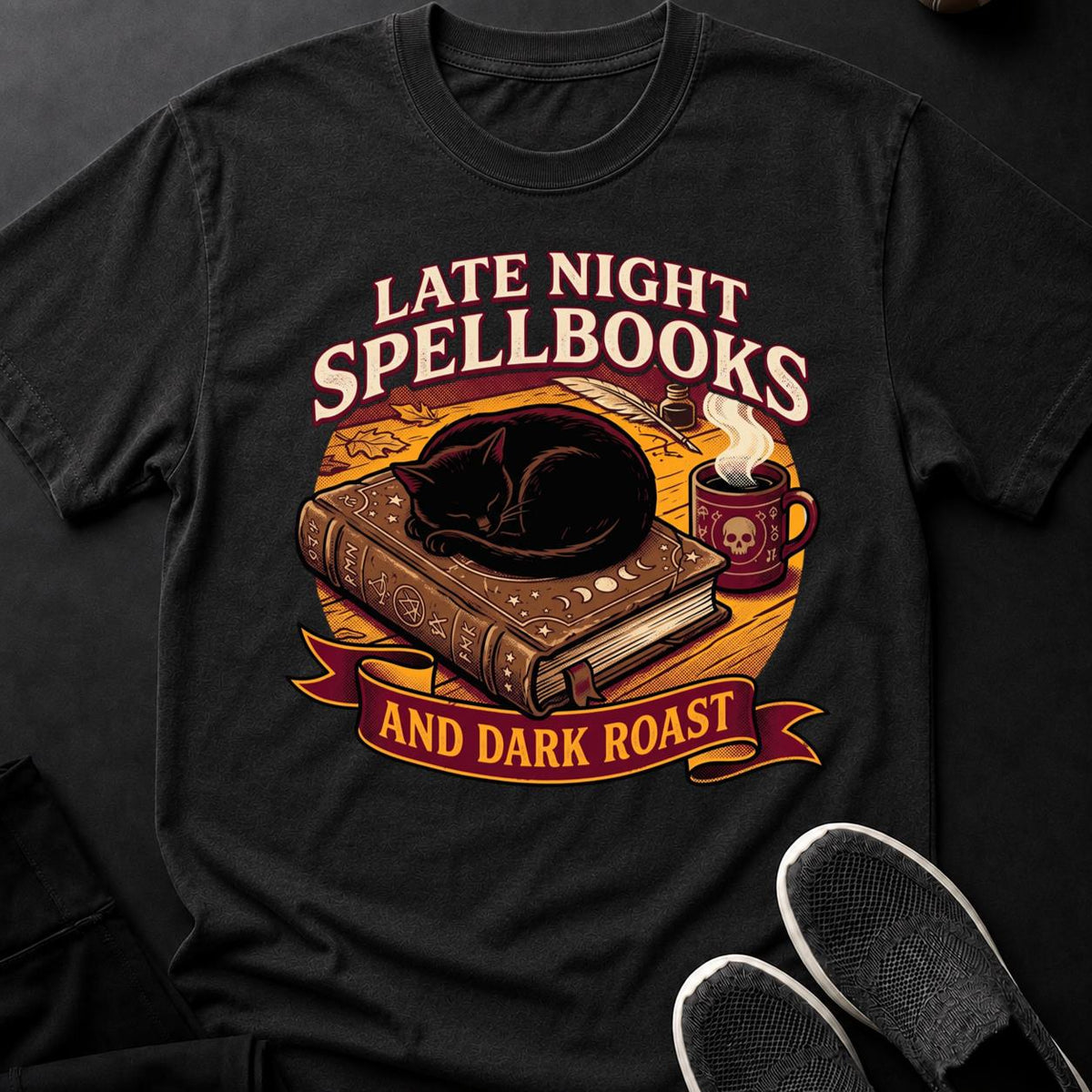 Late Night Spellbooks And Dark Roast Cat Tee