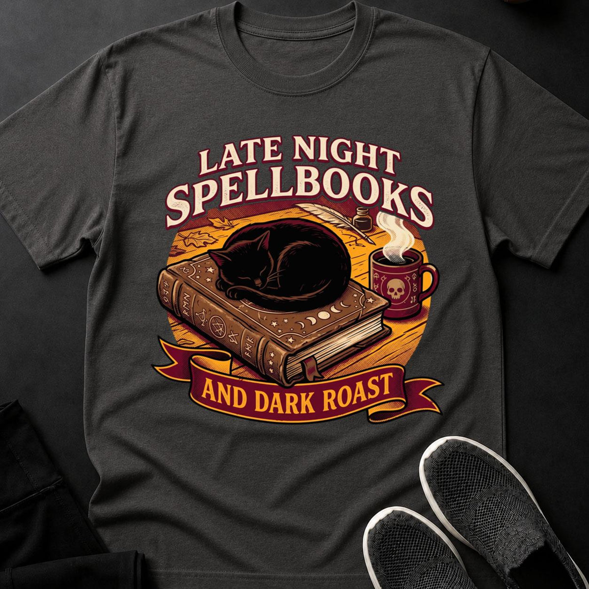 Late Night Spellbooks And Dark Roast Cat Tee