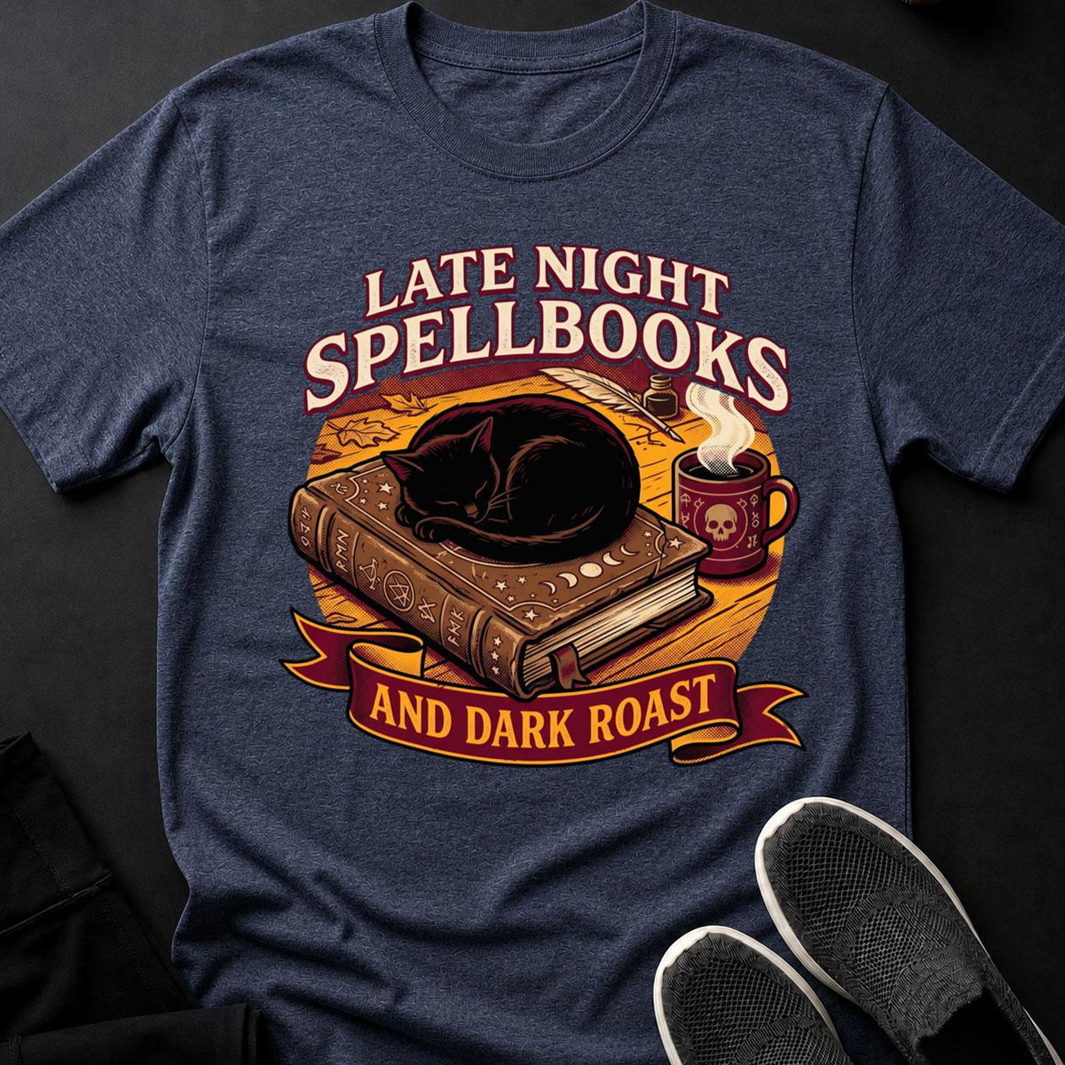 Late Night Spellbooks And Dark Roast Cat Tee