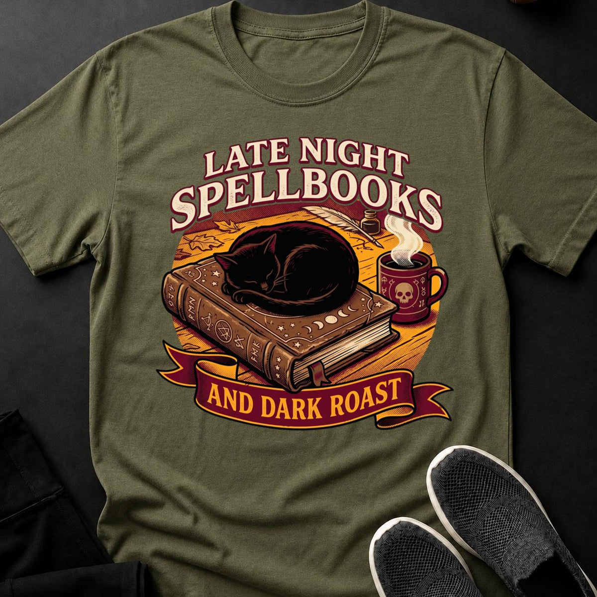 Late Night Spellbooks And Dark Roast Cat Tee