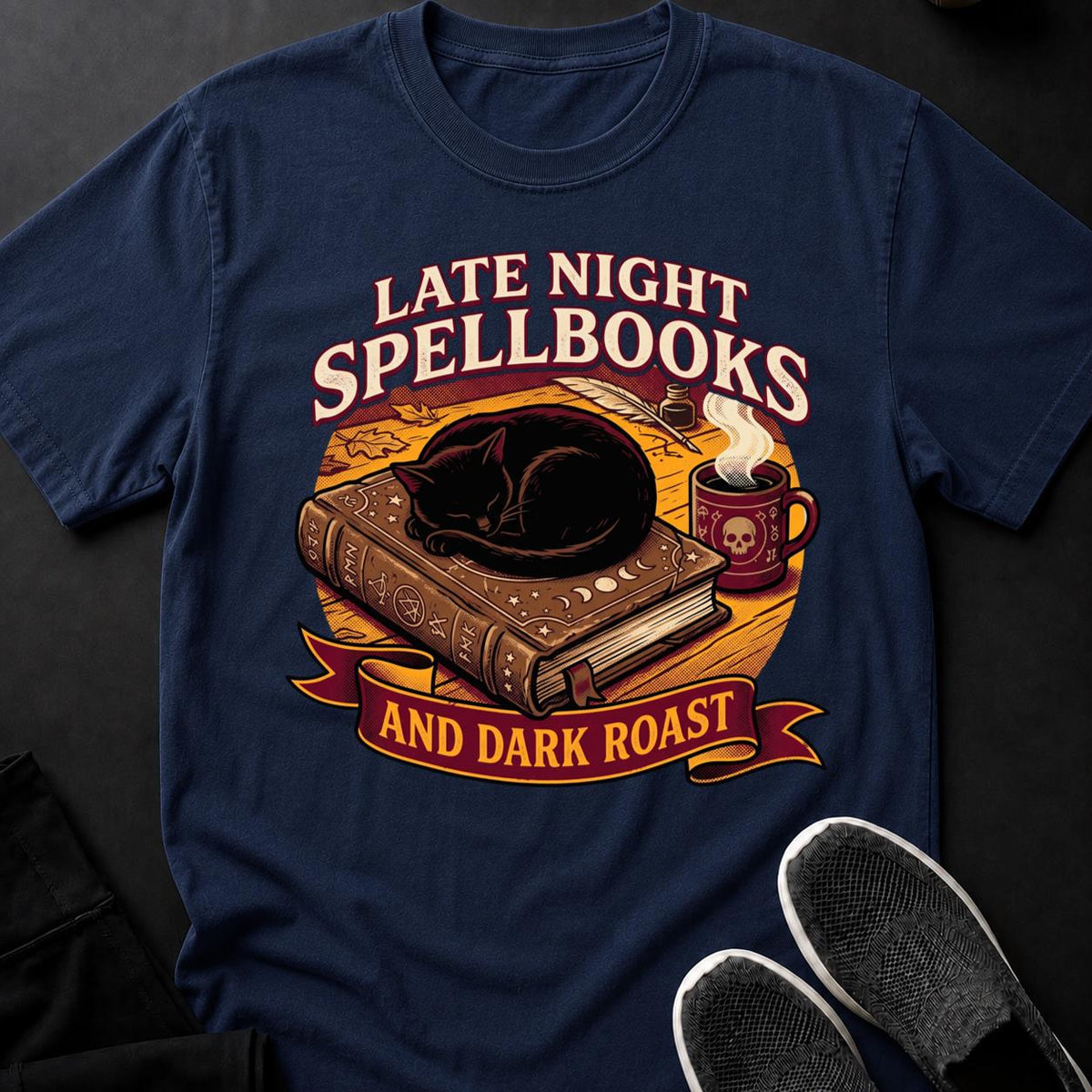 Late Night Spellbooks And Dark Roast Cat Tee