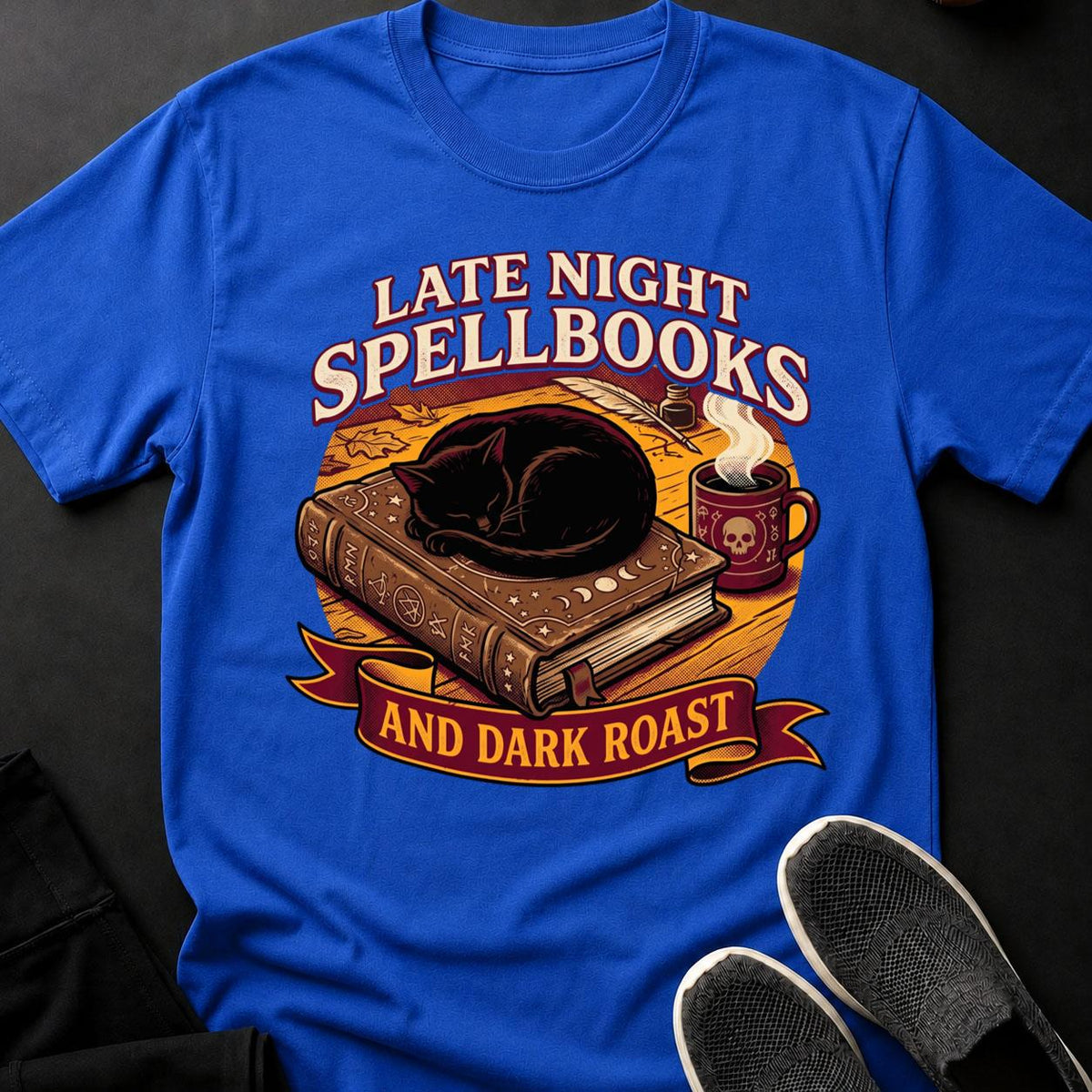 Late Night Spellbooks And Dark Roast Cat Tee