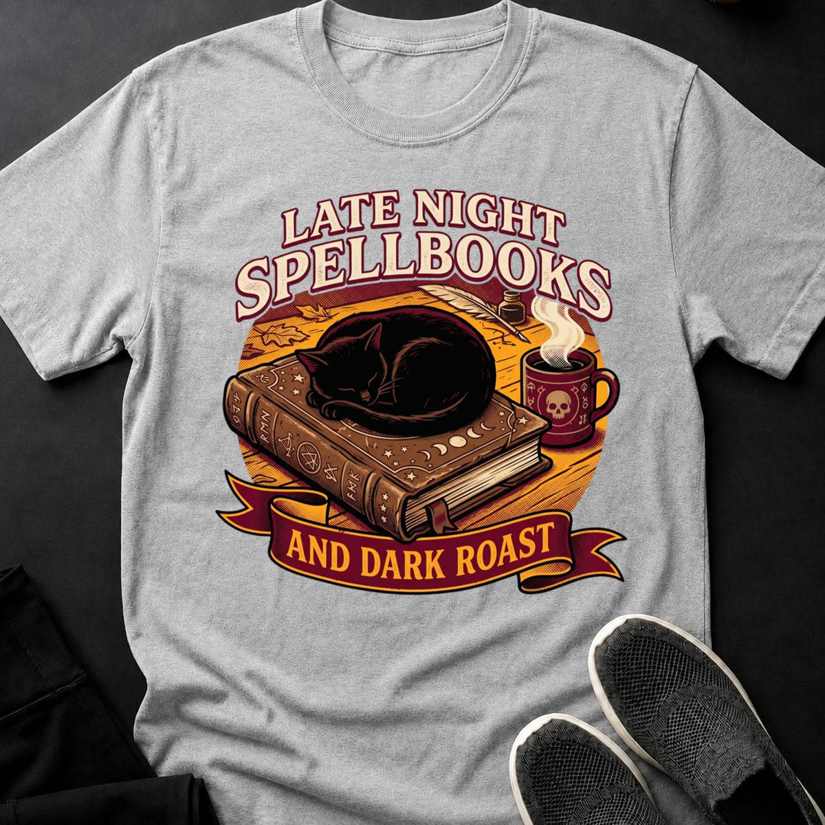 Late Night Spellbooks And Dark Roast Cat Tee