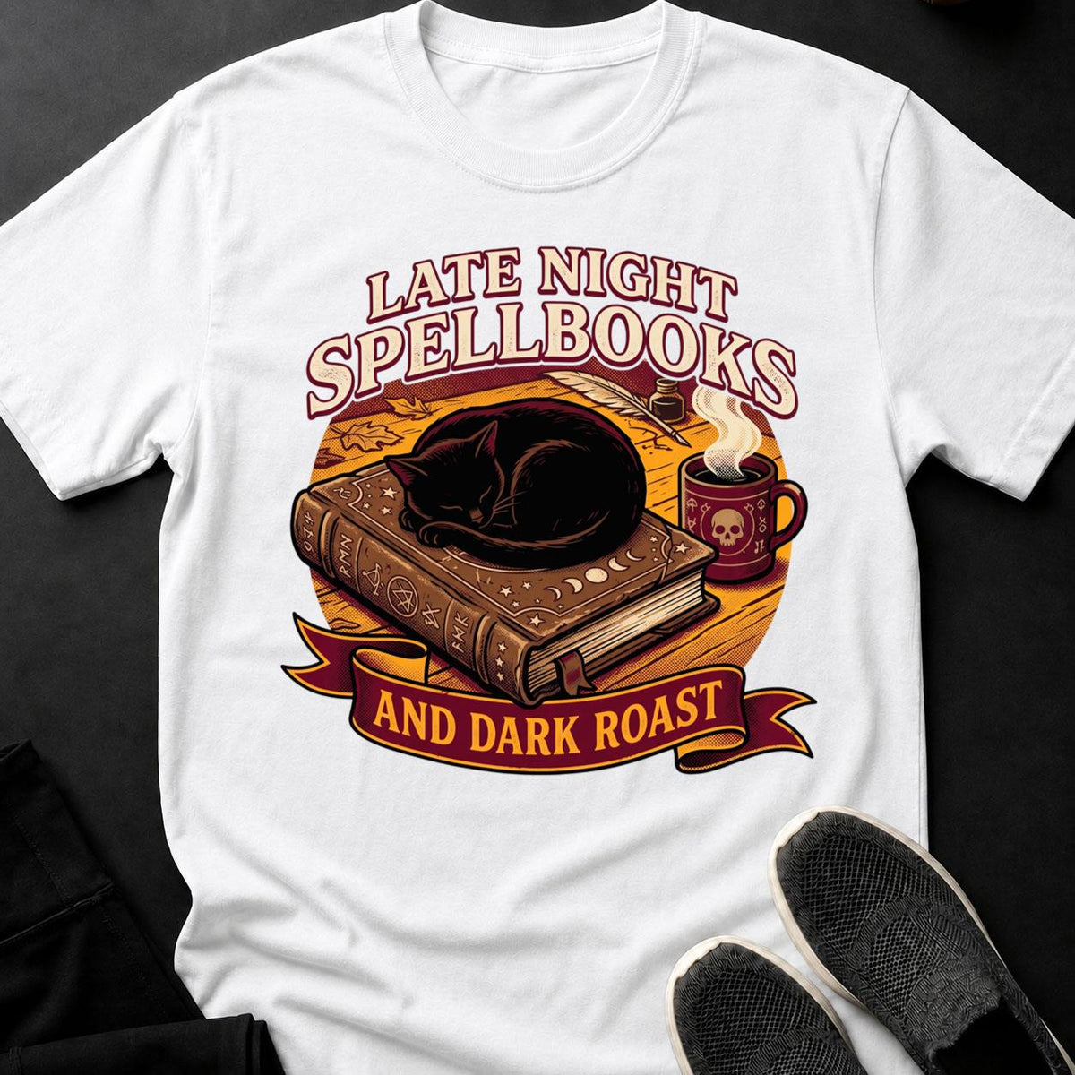 Late Night Spellbooks And Dark Roast Cat Tee