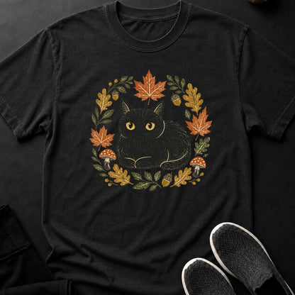 Linocut Black Cat Autumn Wreath Tee