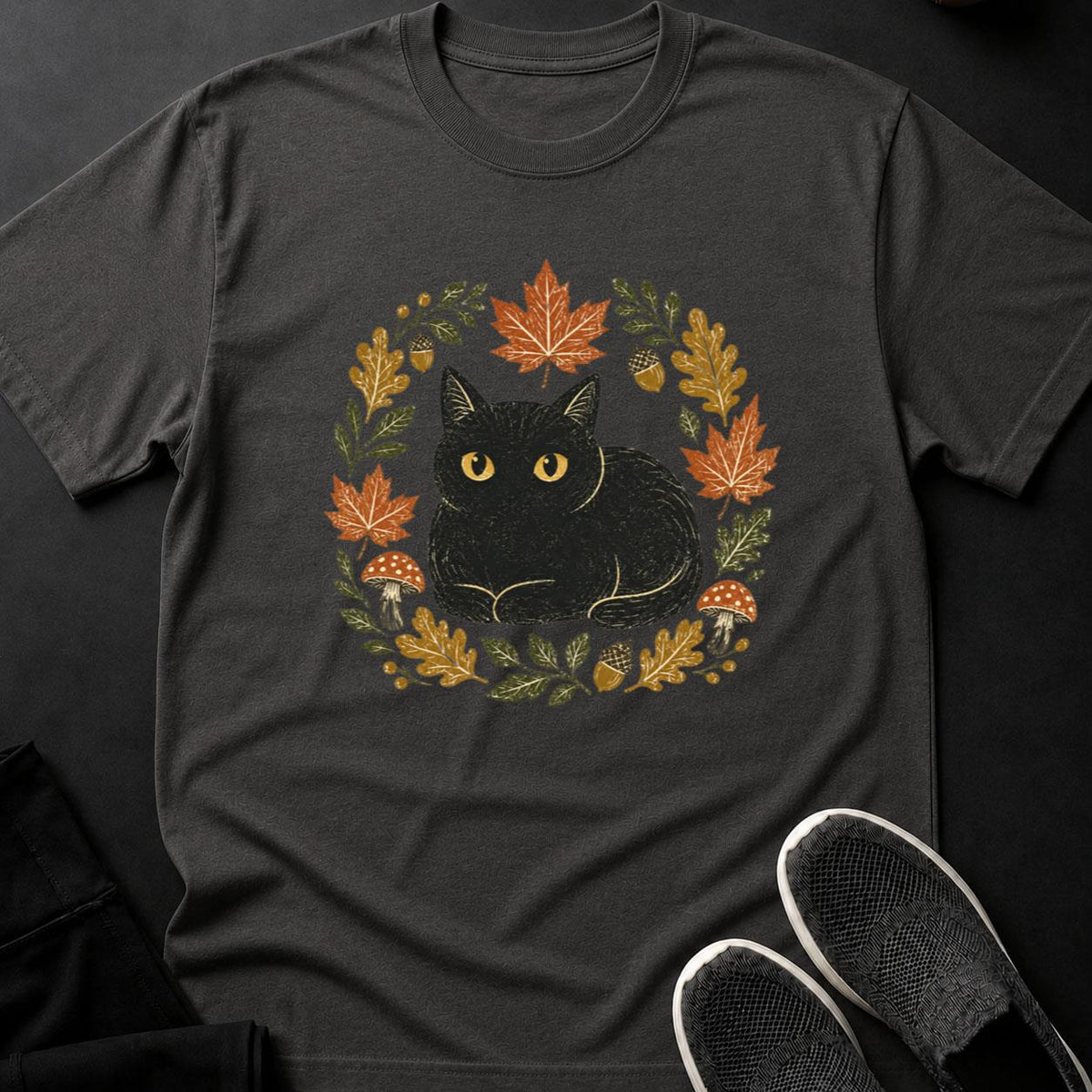 Linocut Black Cat Autumn Wreath Tee