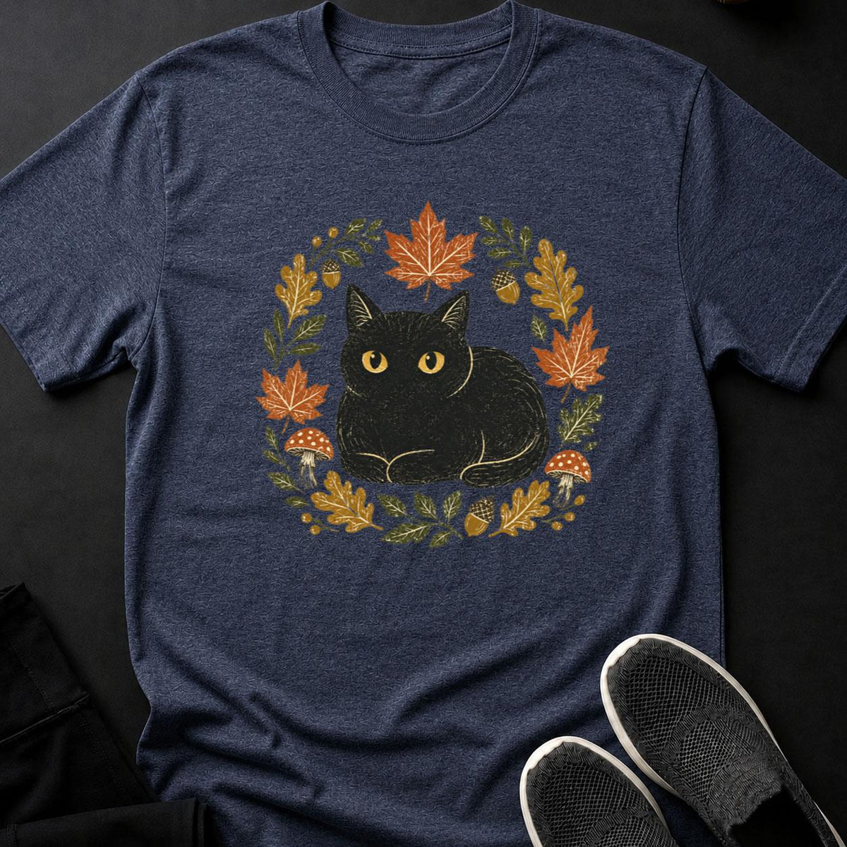 Linocut Black Cat Autumn Wreath Tee