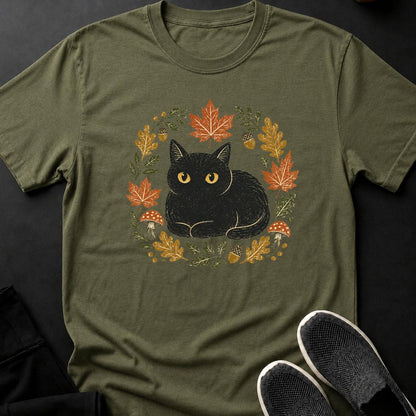 Linocut Black Cat Autumn Wreath Tee