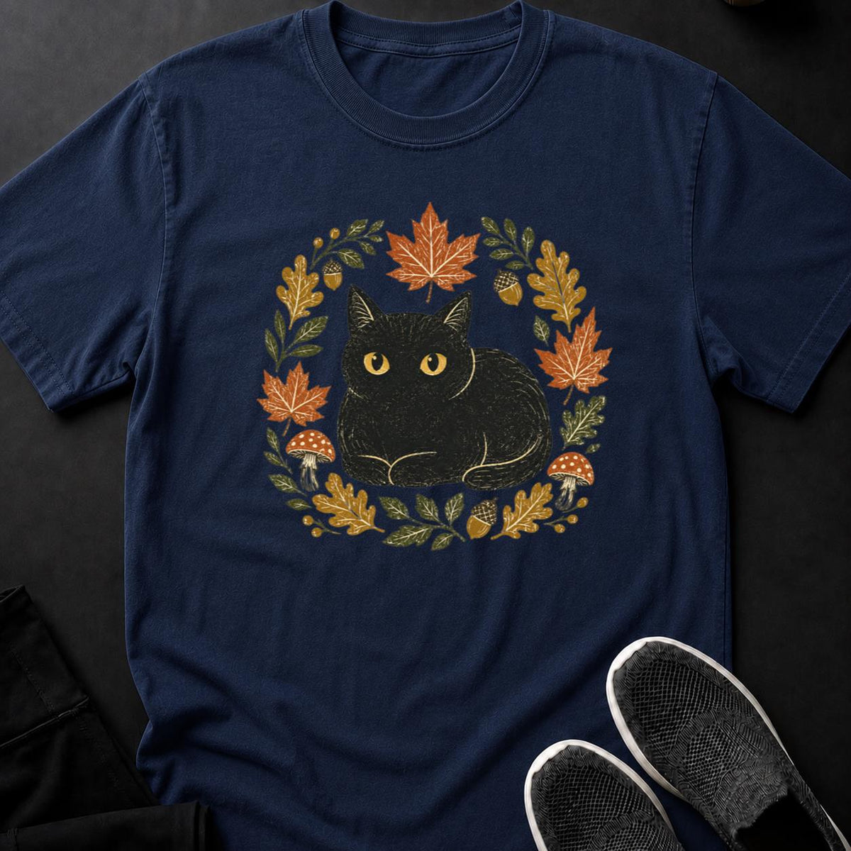 Linocut Black Cat Autumn Wreath Tee