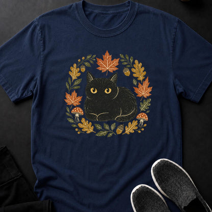 Linocut Black Cat Autumn Wreath Tee