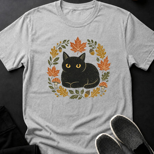 Linocut Black Cat Autumn Wreath Tee