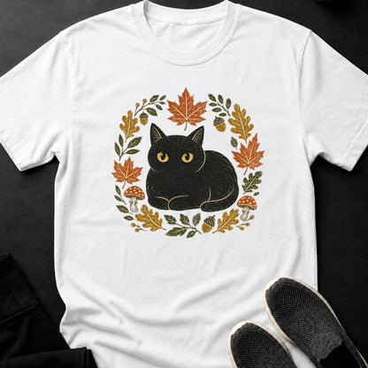 Linocut Black Cat Autumn Wreath Tee