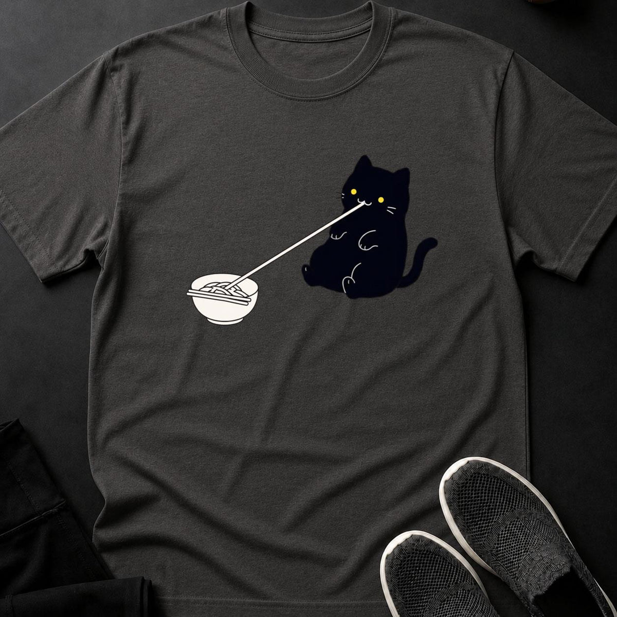 Minimal Line Art Cat Slurping Noodles Cat Tee