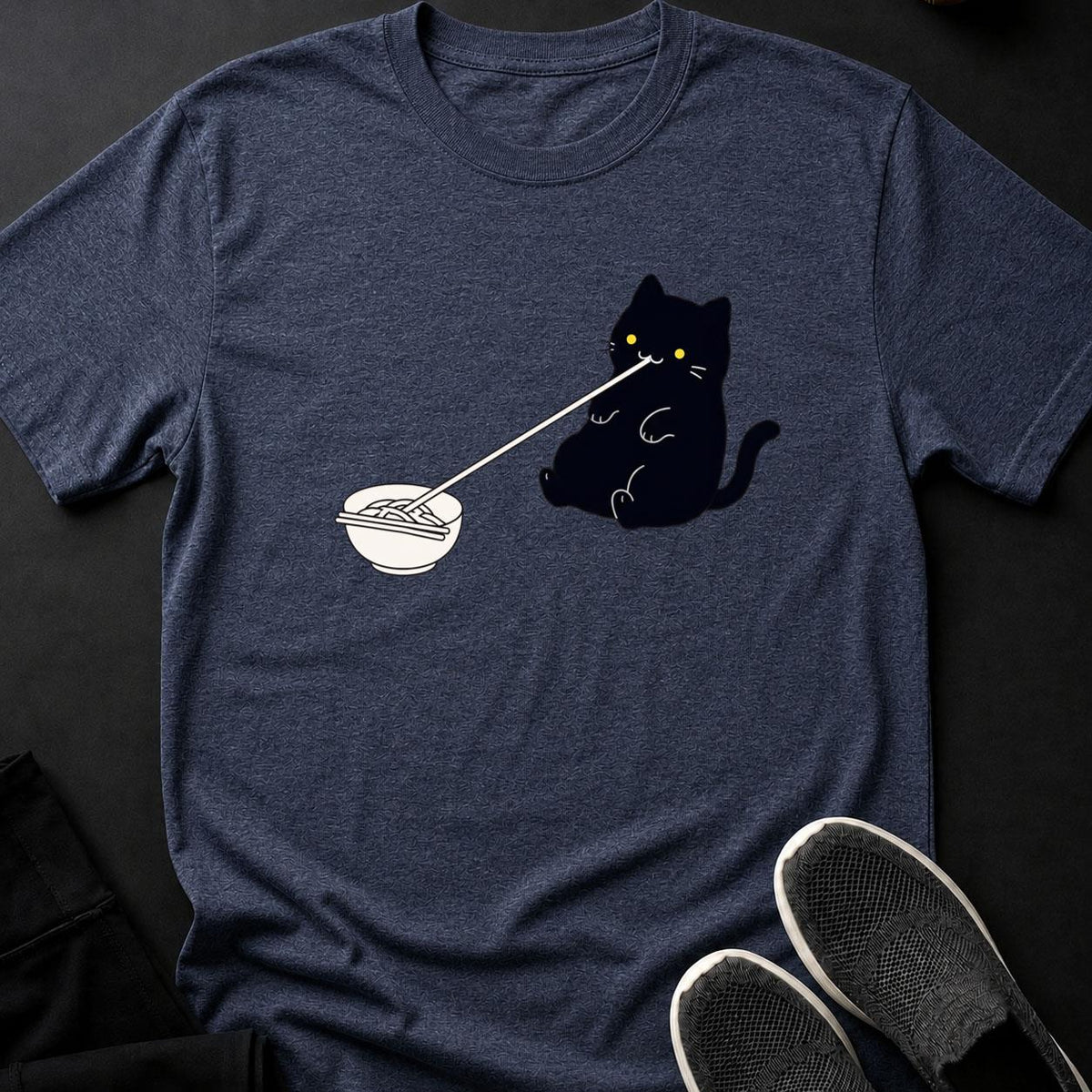 Minimal Line Art Cat Slurping Noodles Cat Tee