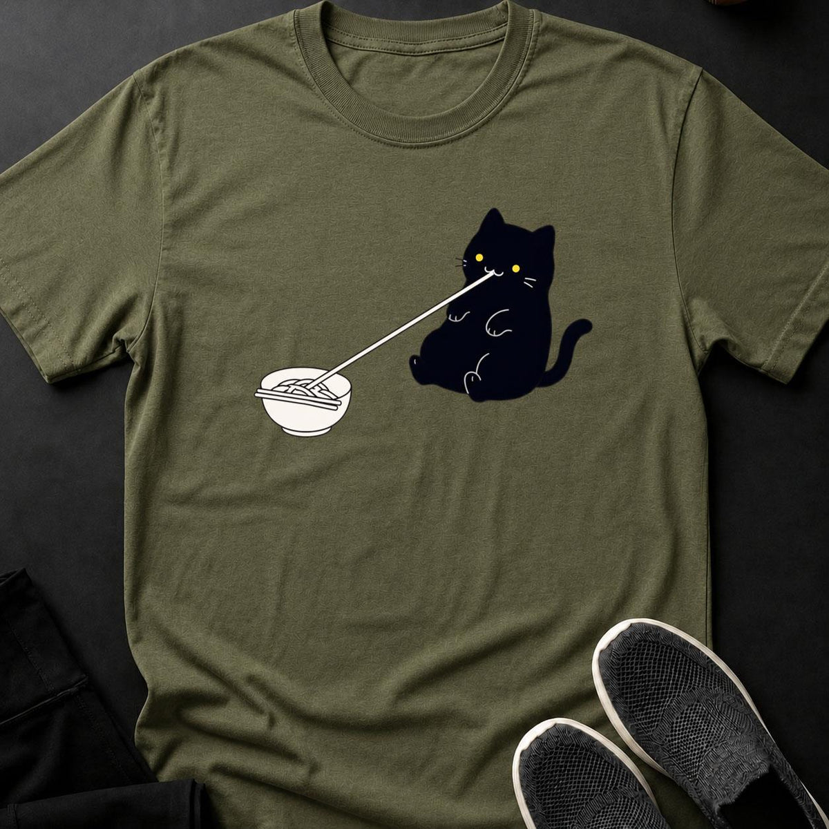 Minimal Line Art Cat Slurping Noodles Cat Tee