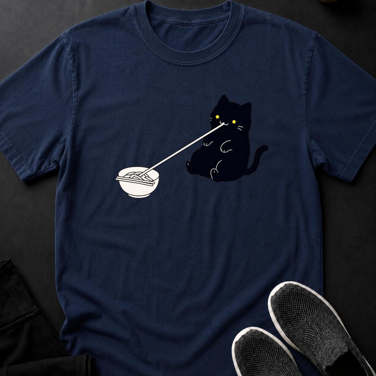 Minimal Line Art Cat Slurping Noodles Cat Tee