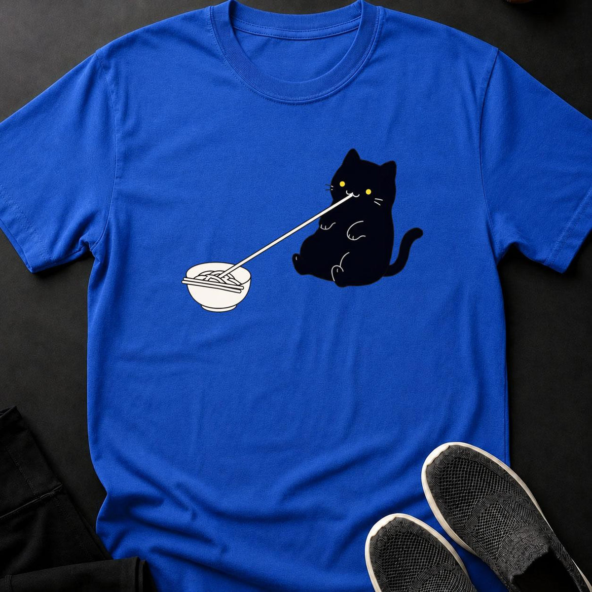 Minimal Line Art Cat Slurping Noodles Cat Tee