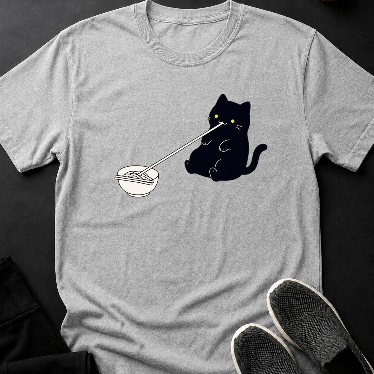 Minimal Line Art Cat Slurping Noodles Cat Tee