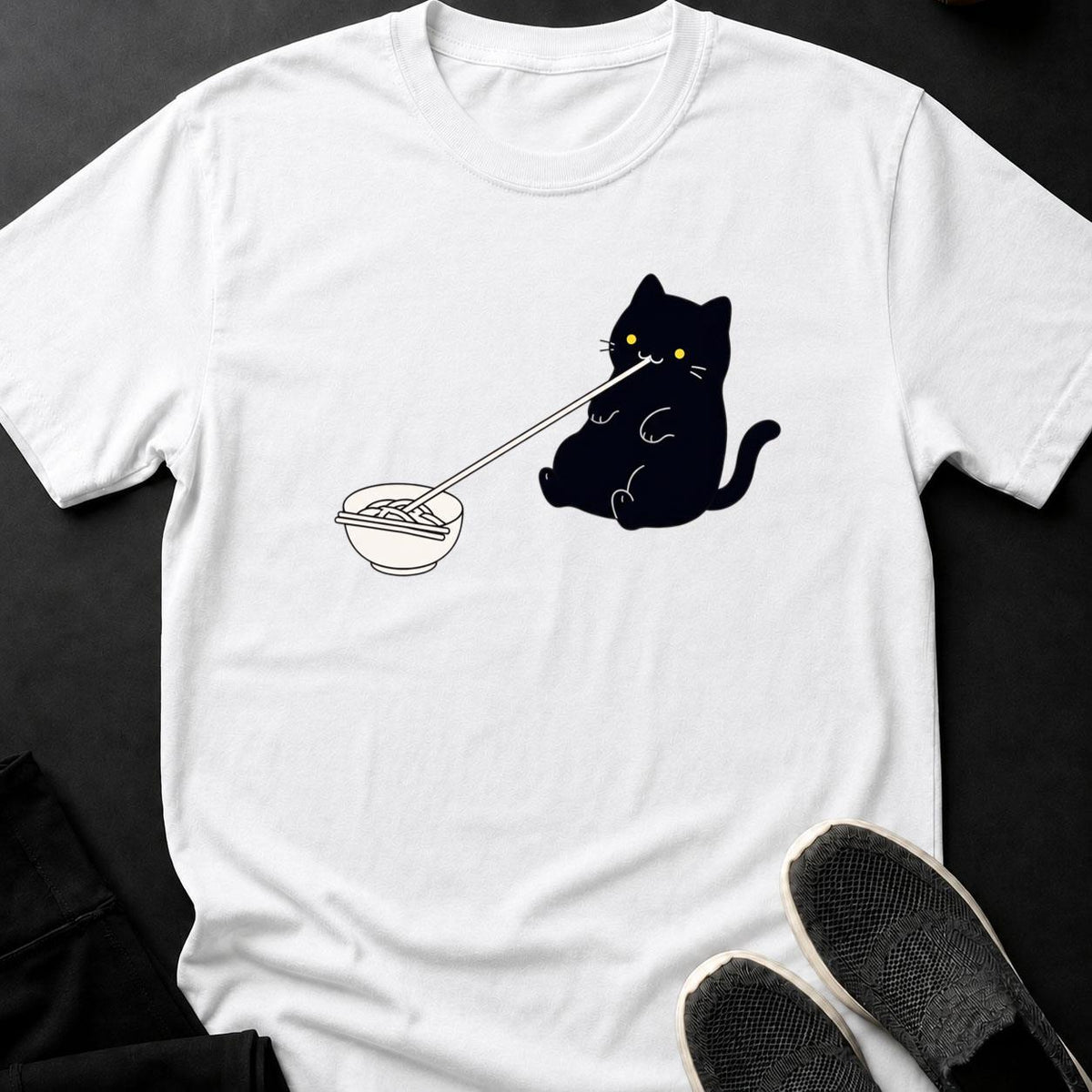 Minimal Line Art Cat Slurping Noodles Cat Tee