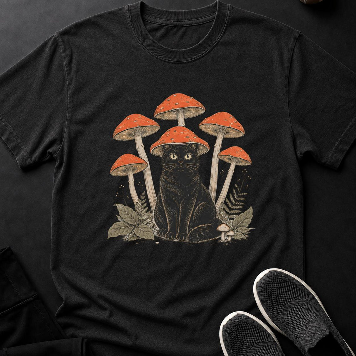 Mushroom-Hatted Cat in a Woodland Grove