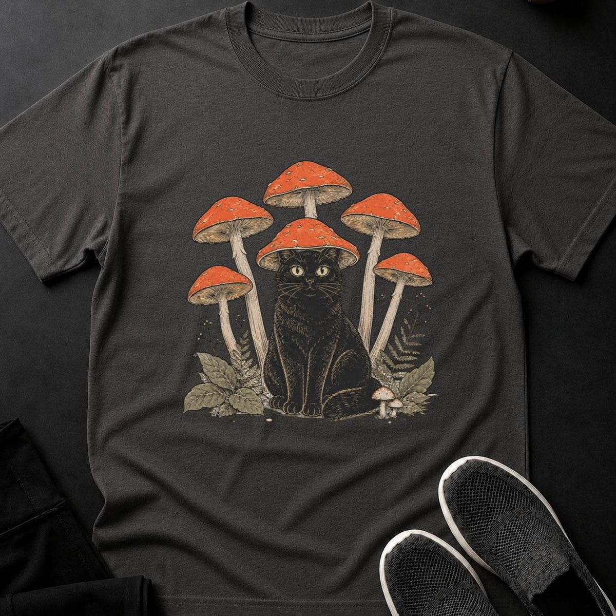 Mushroom-Hatted Cat in a Woodland Grove