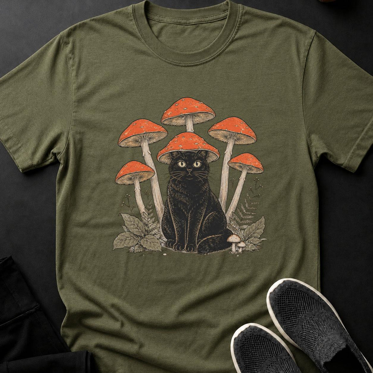 Mushroom-Hatted Cat in a Woodland Grove