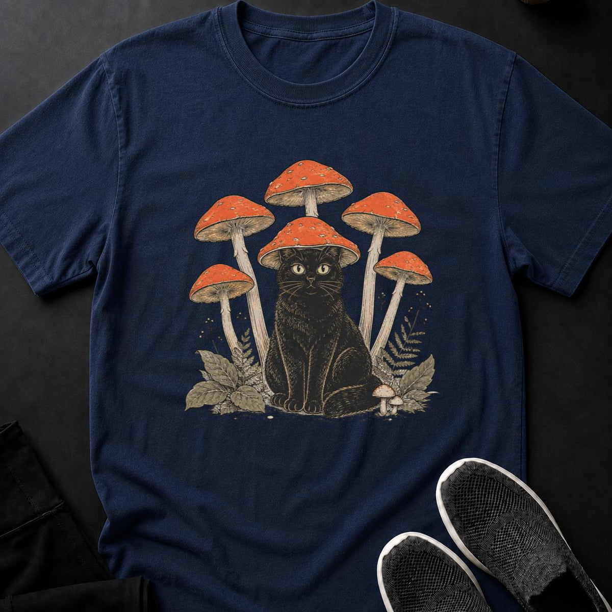 Mushroom-Hatted Cat in a Woodland Grove