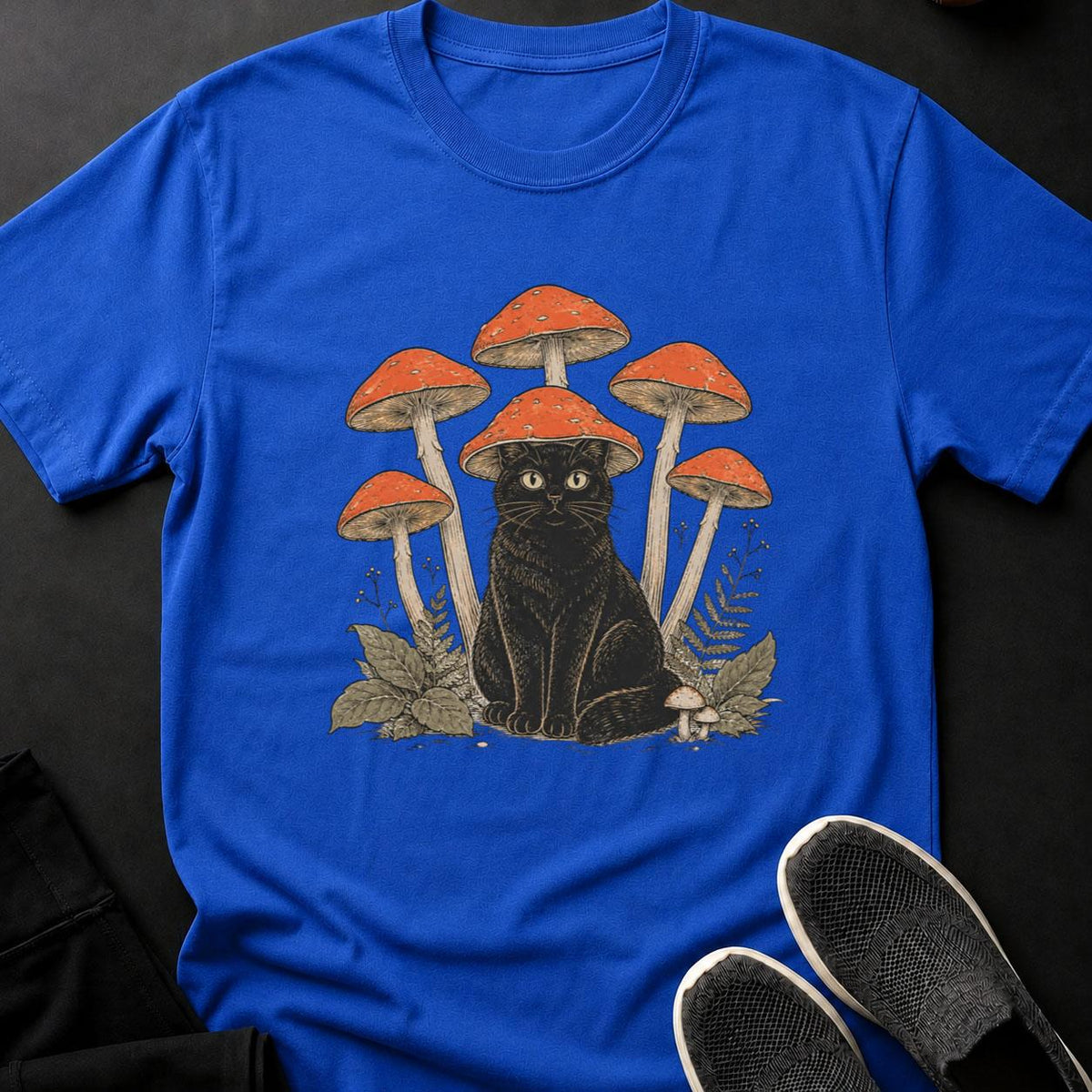 Mushroom-Hatted Cat in a Woodland Grove