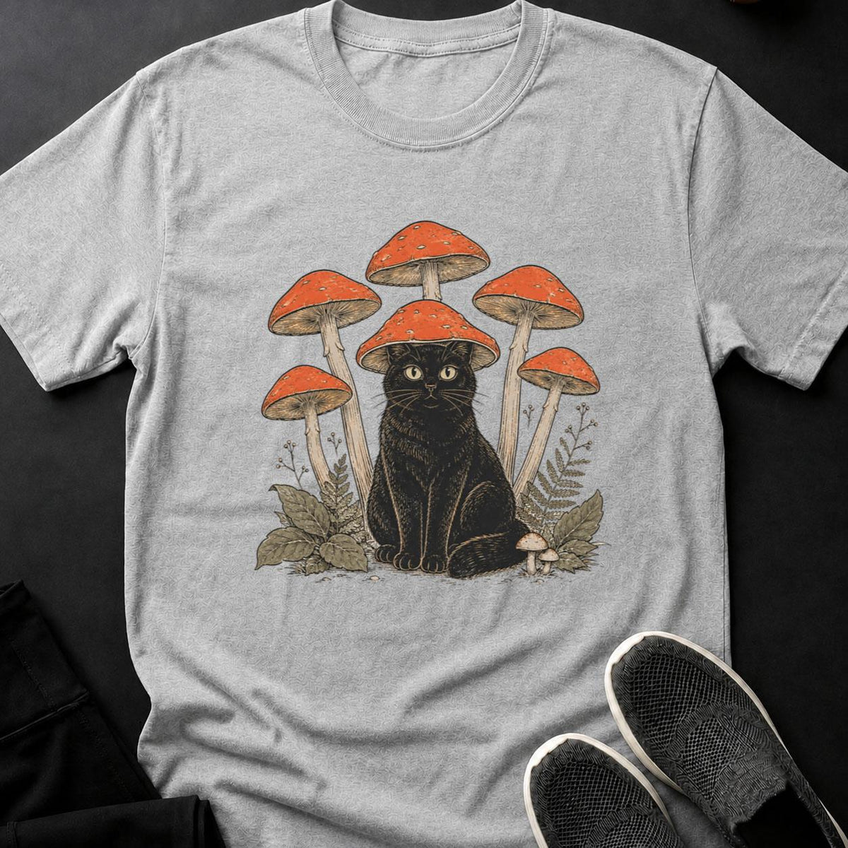 Mushroom-Hatted Cat in a Woodland Grove