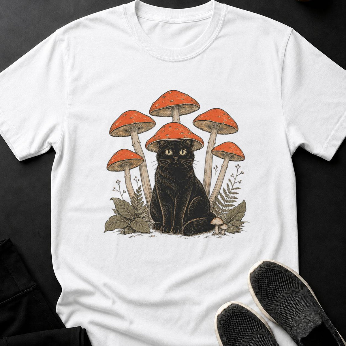Mushroom-Hatted Cat in a Woodland Grove