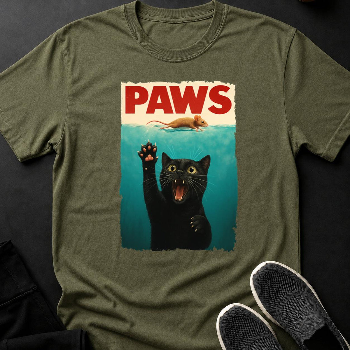 PAWS Jaws Parody Cat Mouse Tee