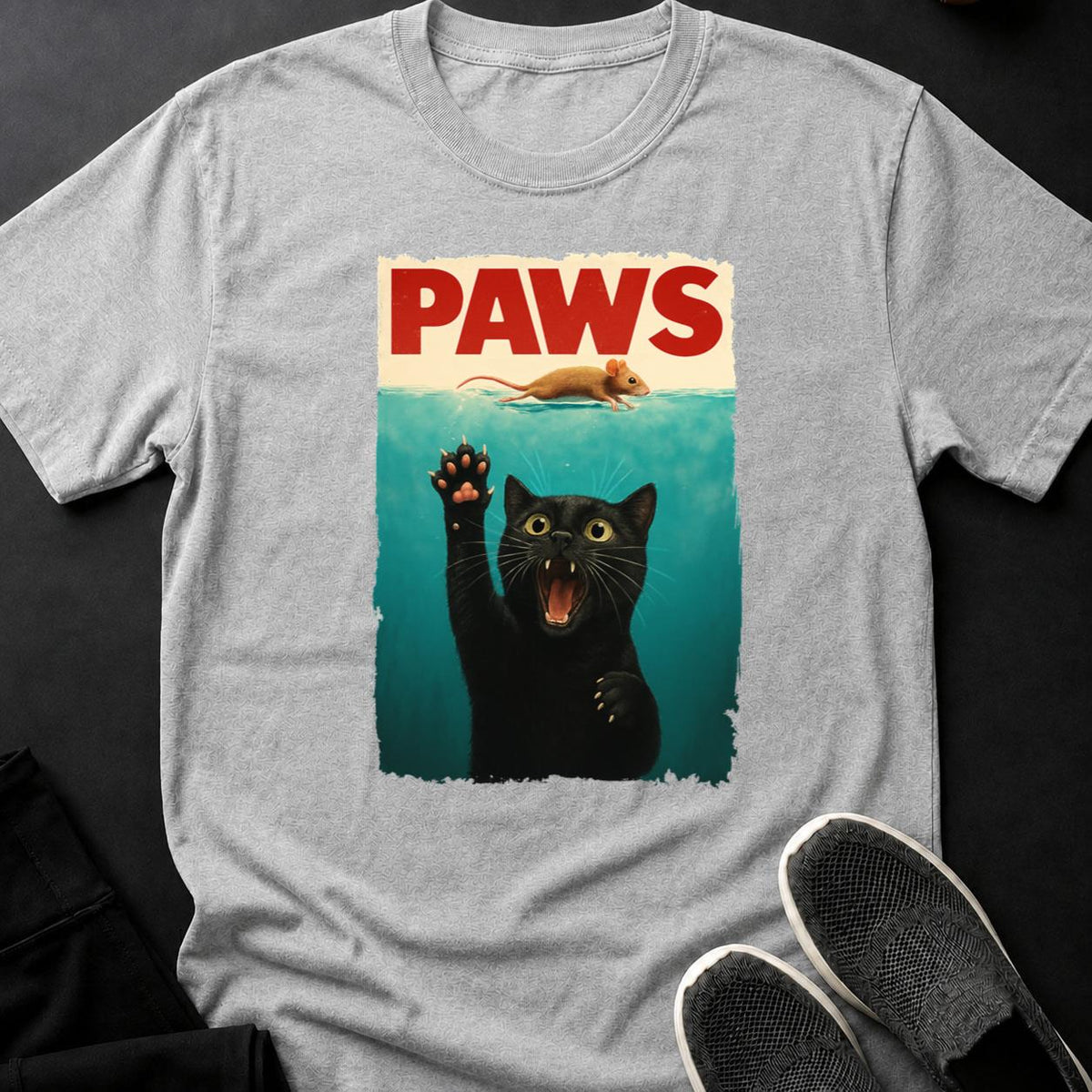 PAWS Jaws Parody Cat Mouse Tee