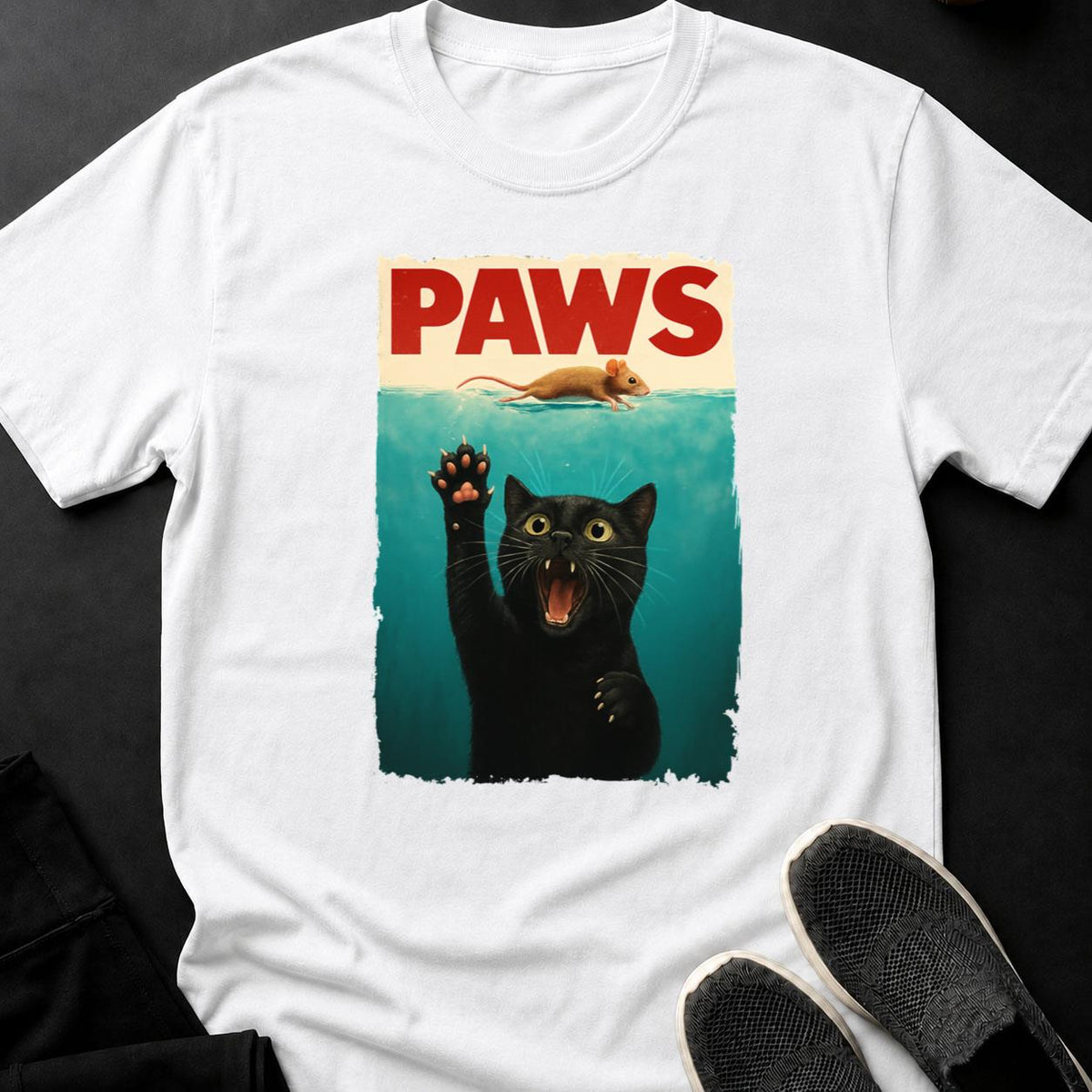 PAWS Jaws Parody Cat Mouse Tee