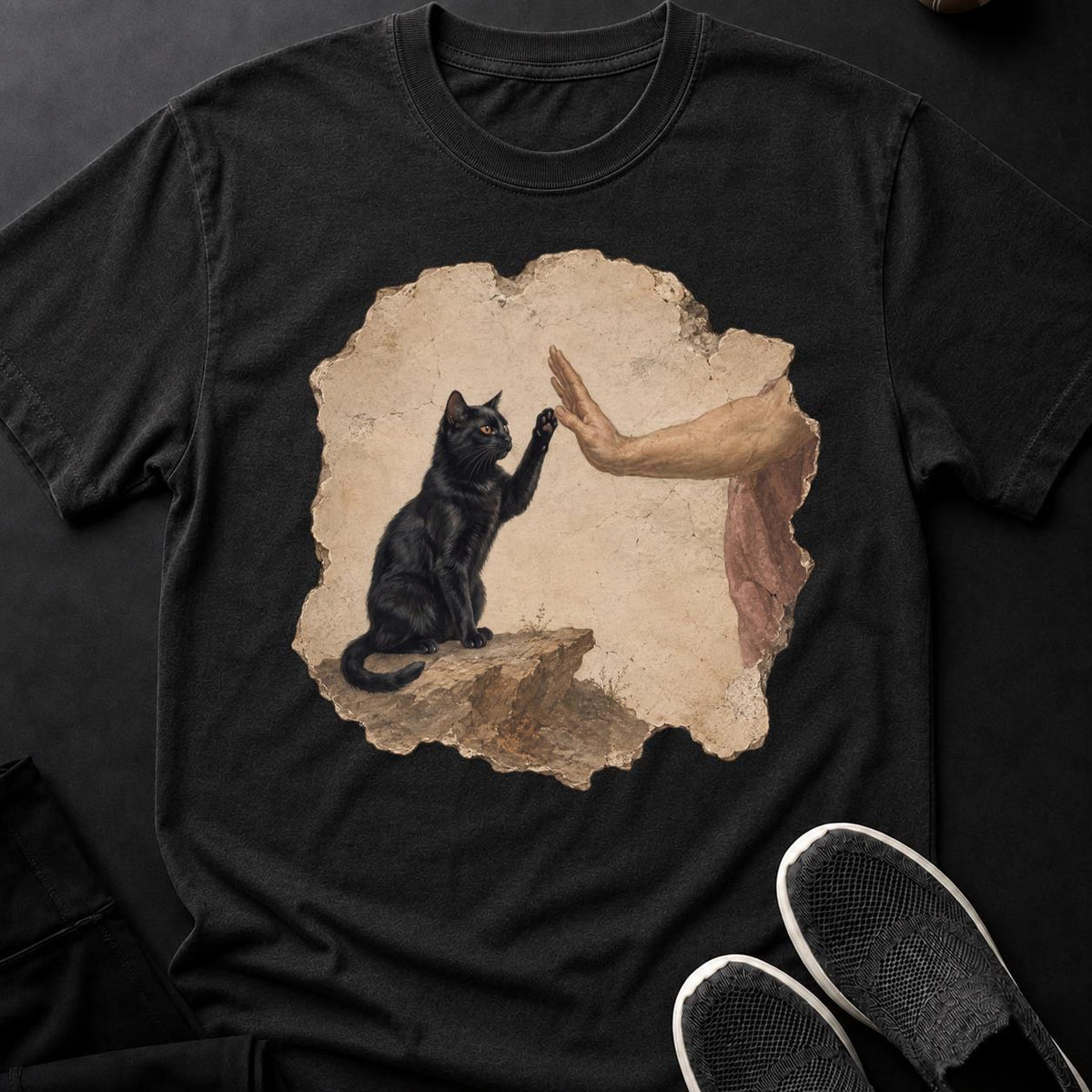 Renaissance Fresco Cat High Five Cat Tee