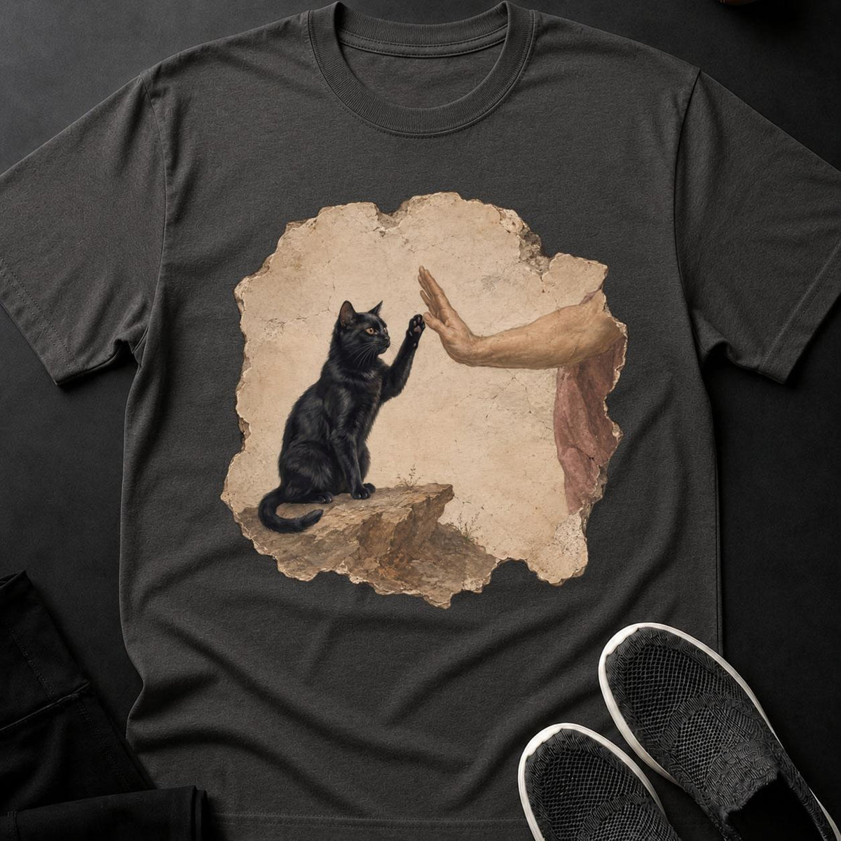 Renaissance Fresco Cat High Five Cat Tee