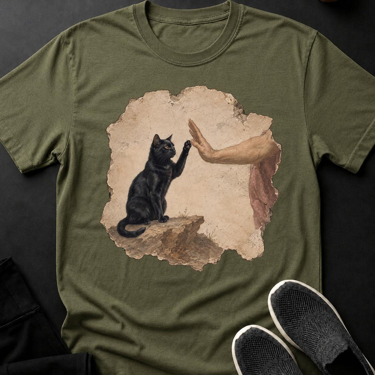 Renaissance Fresco Cat High Five Cat Tee