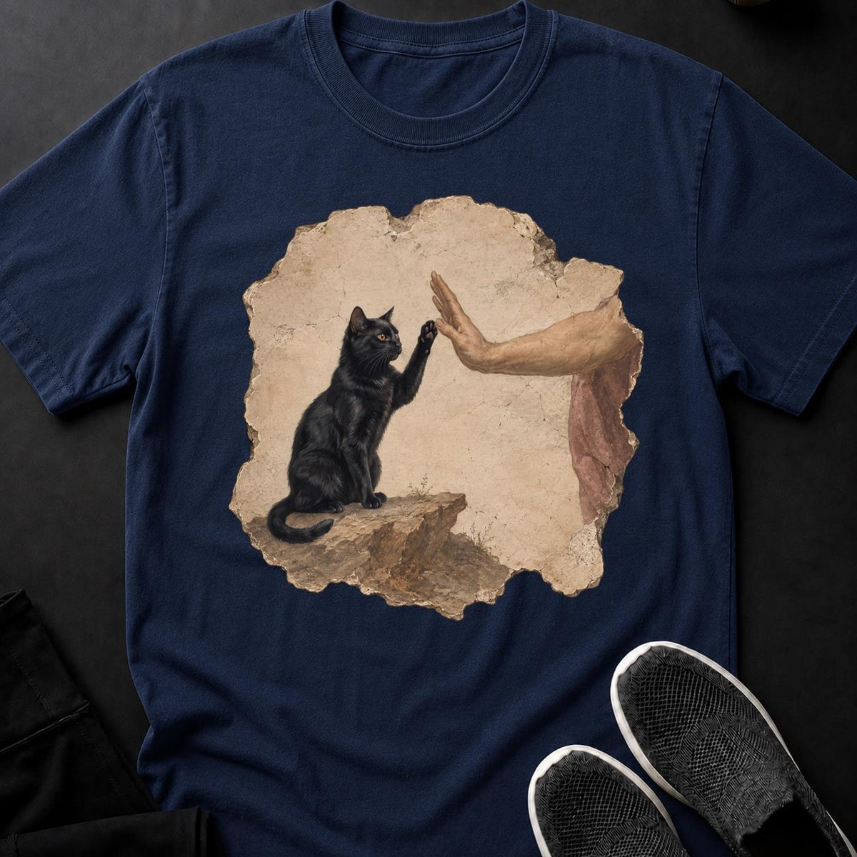Renaissance Fresco Cat High Five Cat Tee