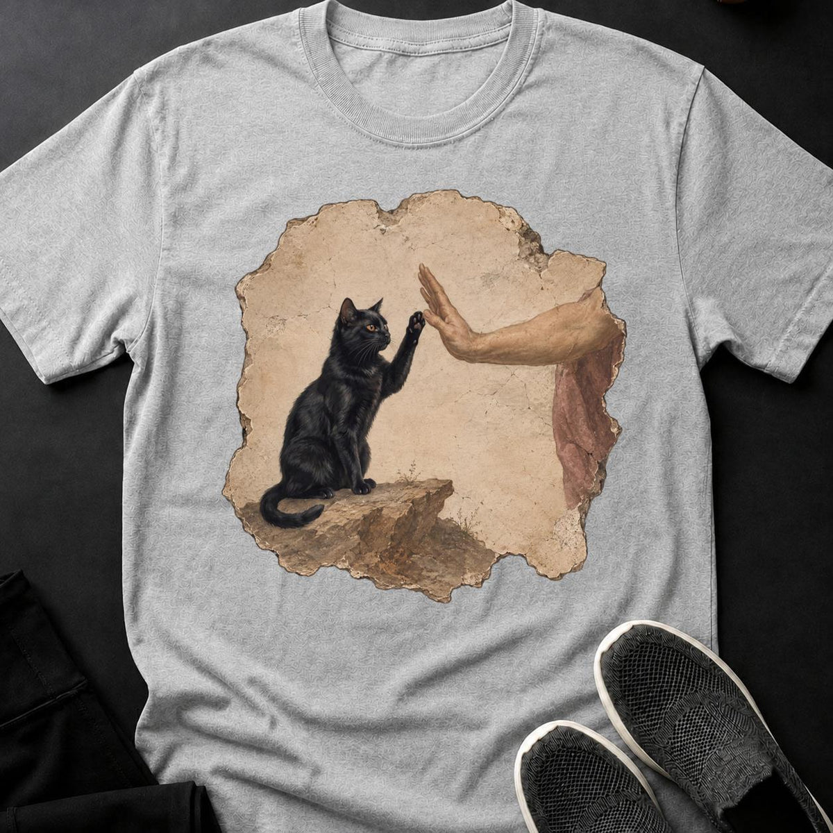 Renaissance Fresco Cat High Five Cat Tee