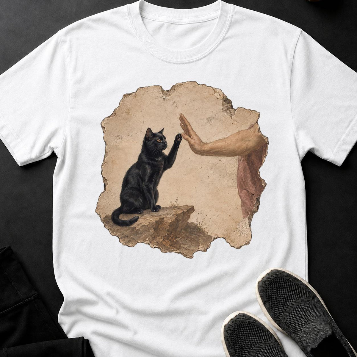 Renaissance Fresco Cat High Five Cat Tee